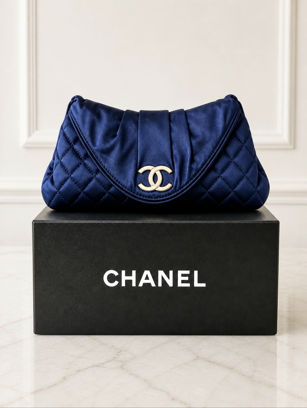 💙 CHANEL CC Half Moon Clutch – Quilted Navy Satin | Pristine | Full Set